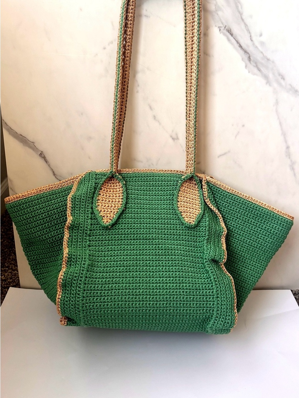 Handmade Crochet Petal Tote Bag | 100% Cotton | Sage Green + Beige | Lined | New